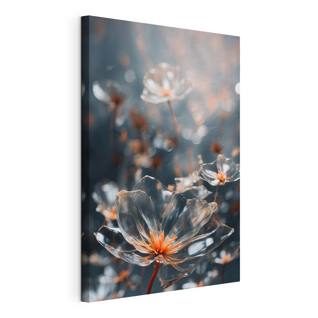 Bloemen met heldere druppelranden, gespannen canvas met doorlopende rand