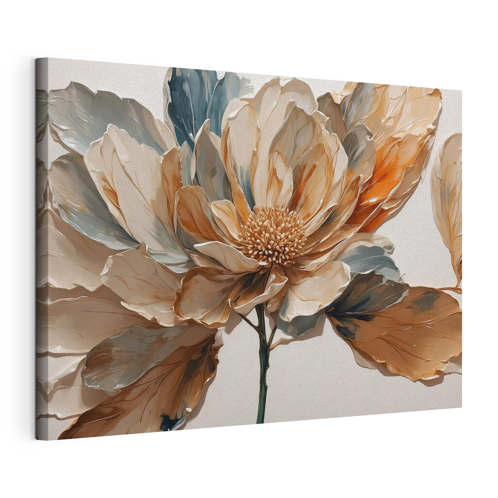 Bloem in warme aardetinten, gespannen canvas met doorlopende rand