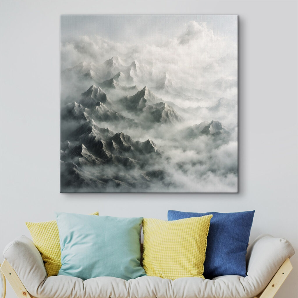 Spitse bergen in wolkenwaas — interieur 2
