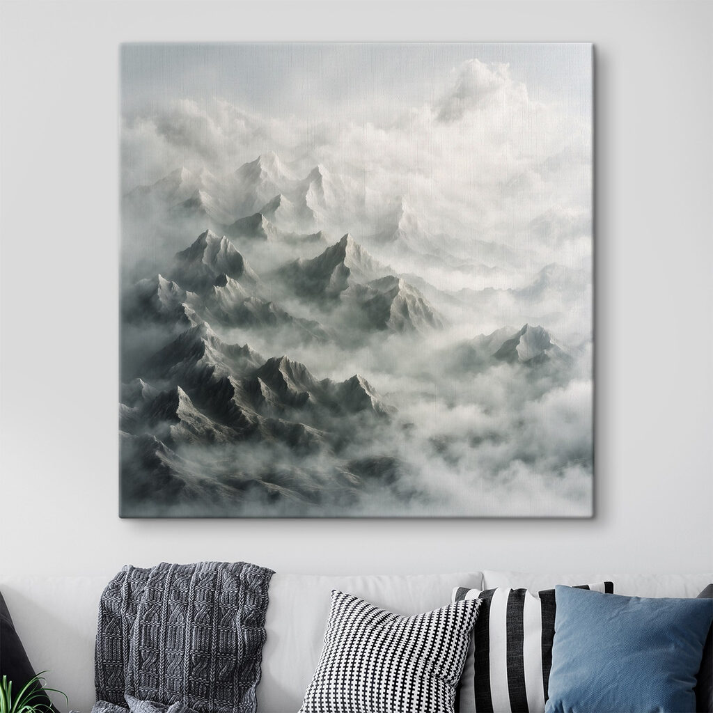 Spitse bergen in wolkenwaas — interieur 1