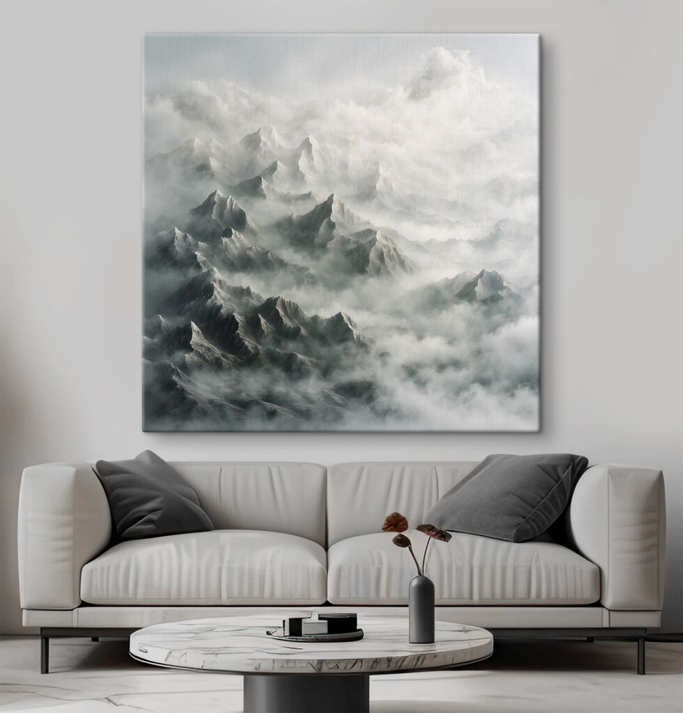 Spitse bergen in wolkenwaas — interieur 3