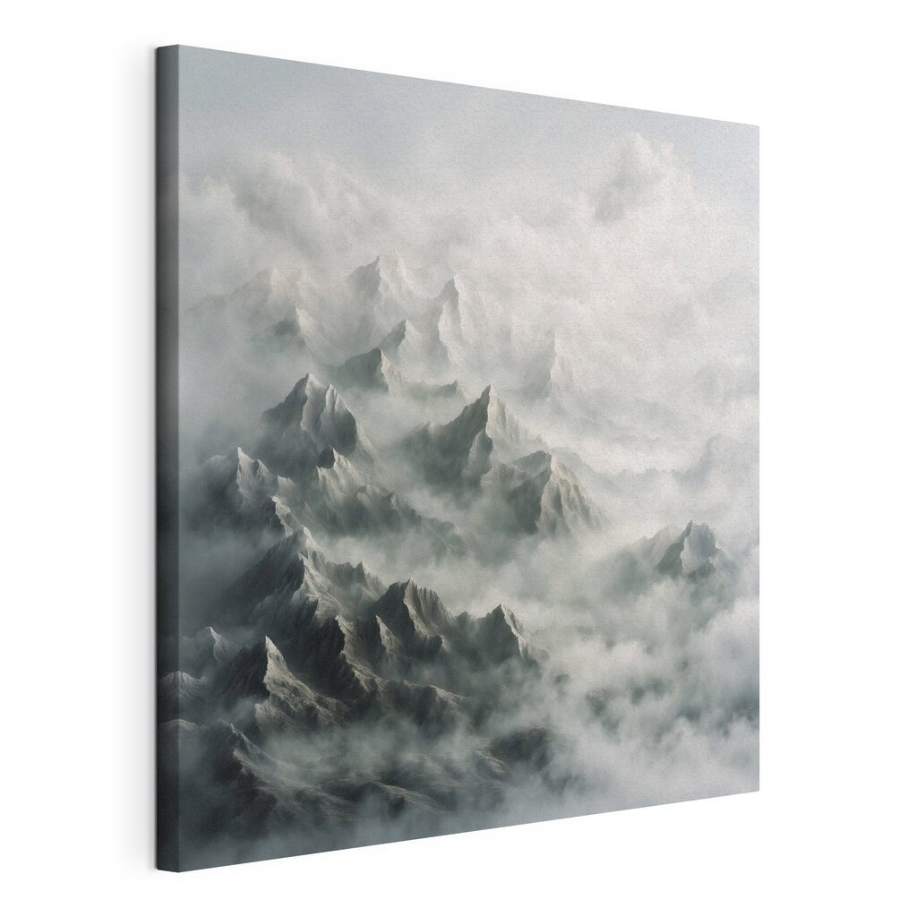 Spitse bergen in wolkenwaas, gespannen canvas met doorlopende rand