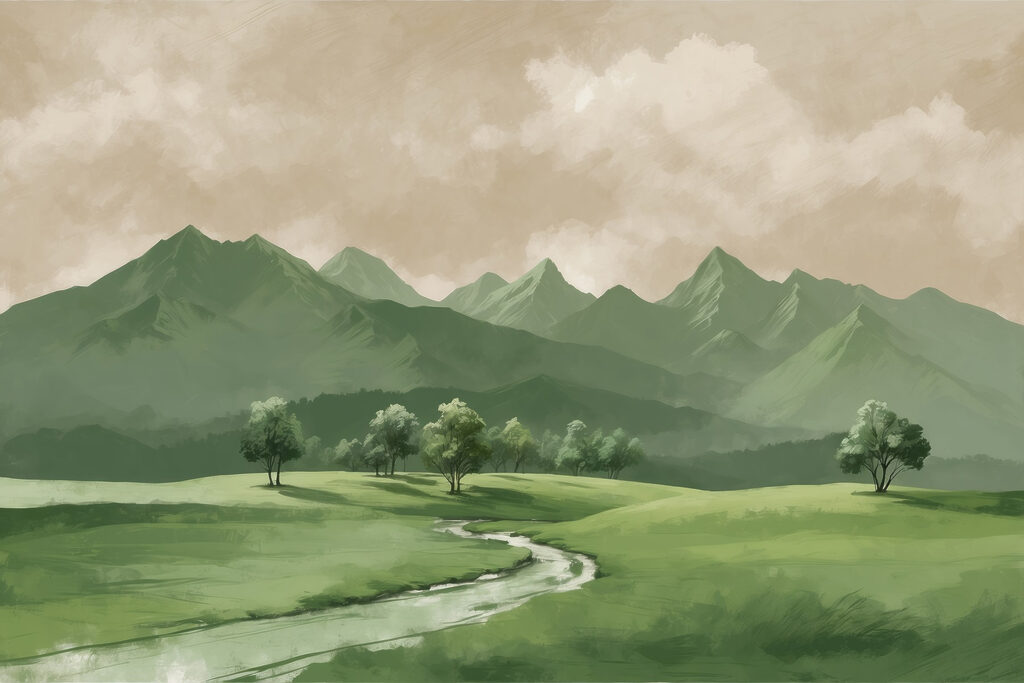 Beek door groen bergdal — volledig ontwerp