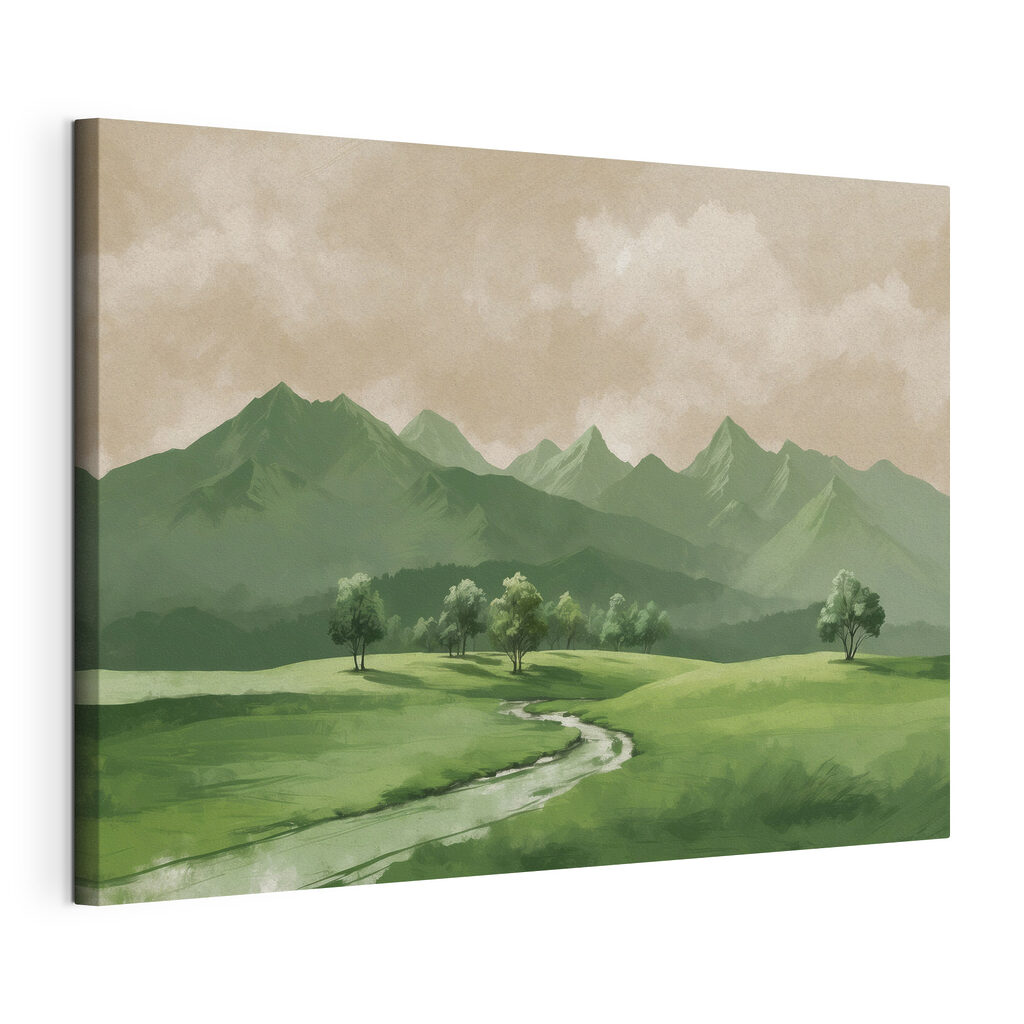 Beek door groen bergdal, gespannen canvas met doorlopende rand