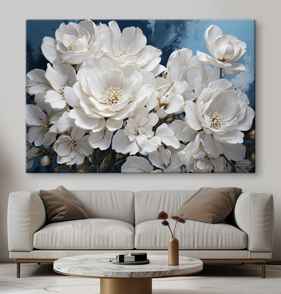 Witte bloementros op nachtblauw — interieur 3