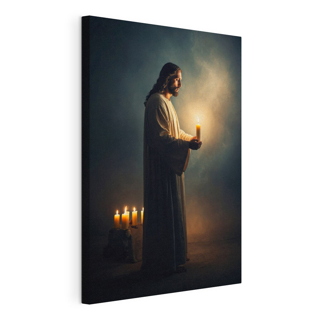 Jezus houdt een kaars, gespannen canvas met doorlopende rand