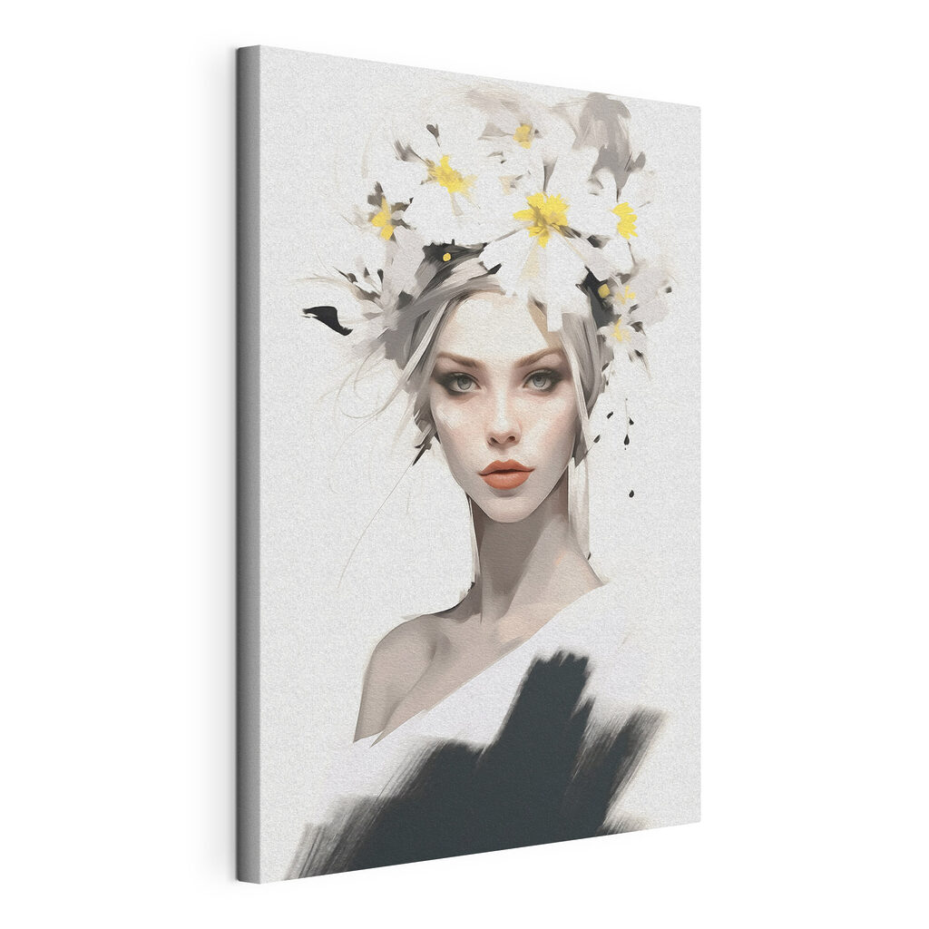 Blond portret onder bloesem, gespannen canvas met doorlopende rand