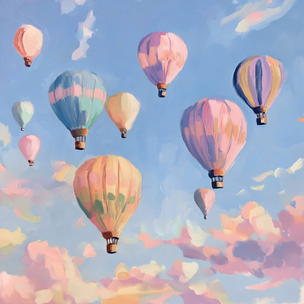 Pastelballonnen in blauwe lucht — volledig ontwerp