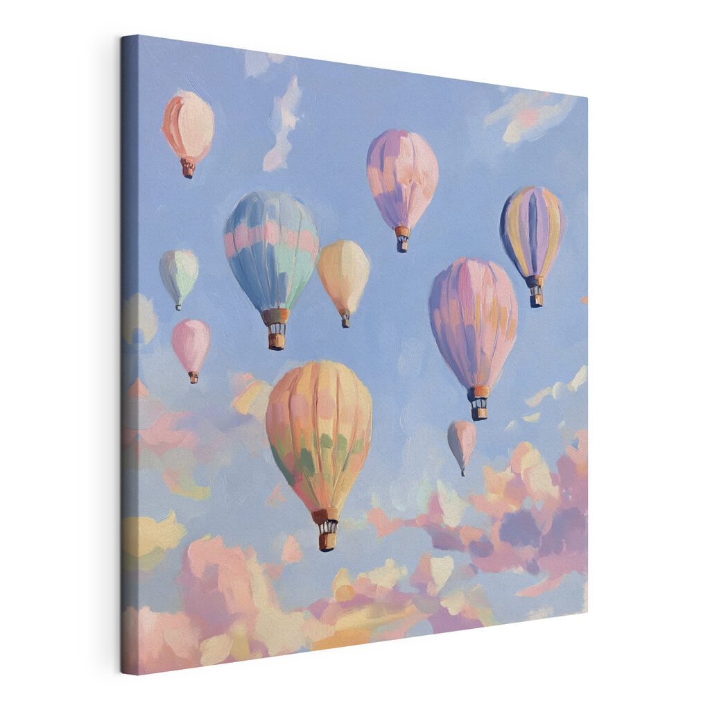 Pastelballonnen in blauwe lucht, gespannen canvas met doorlopende rand