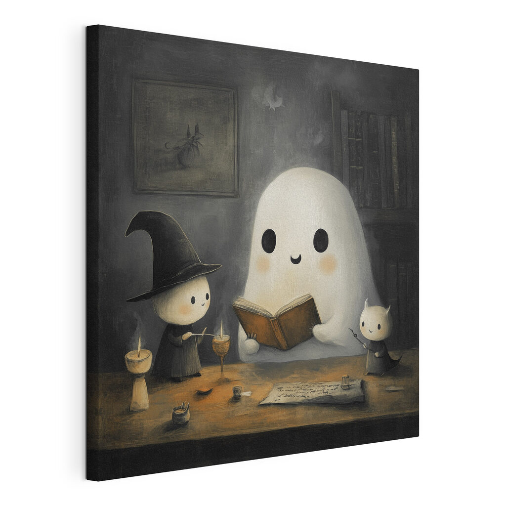 Een spookje leest voor, gespannen canvas met doorlopende rand