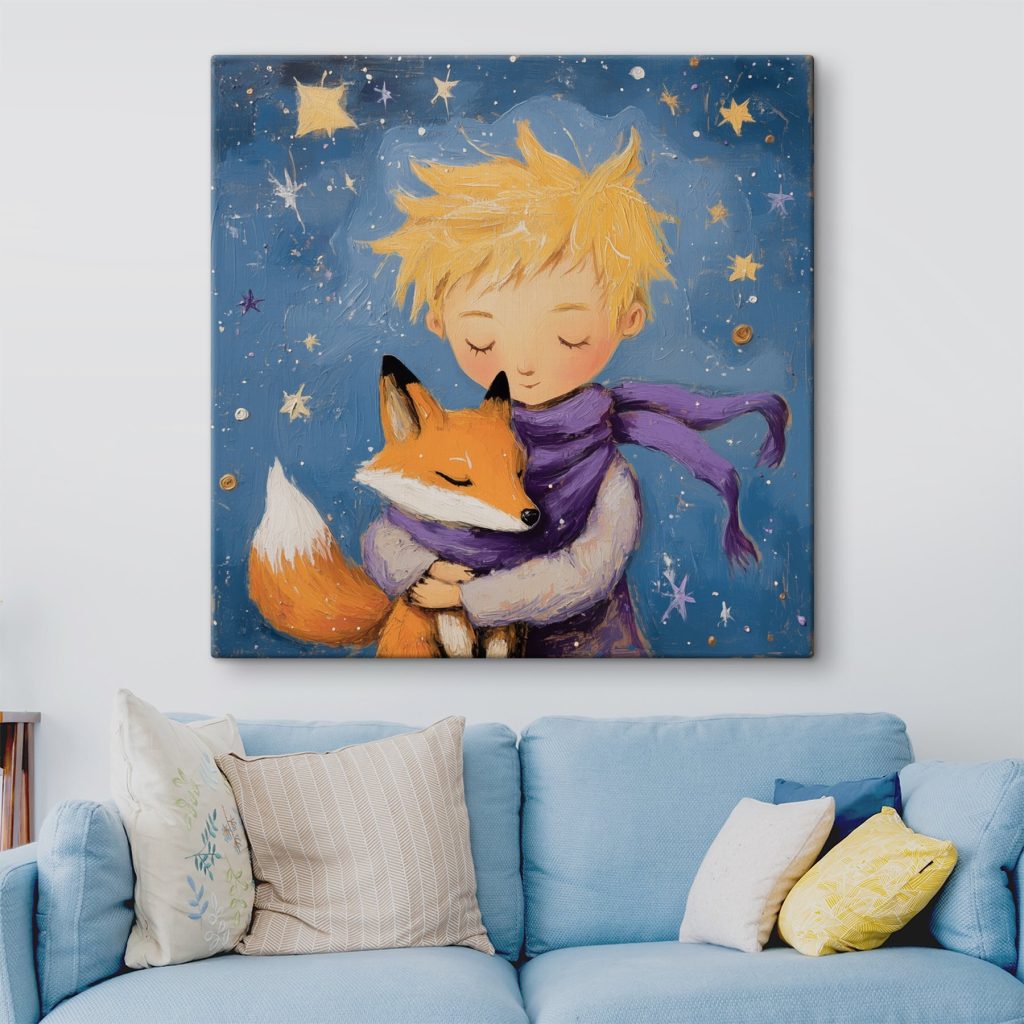 Jongen knuffelt een vos in een interieur