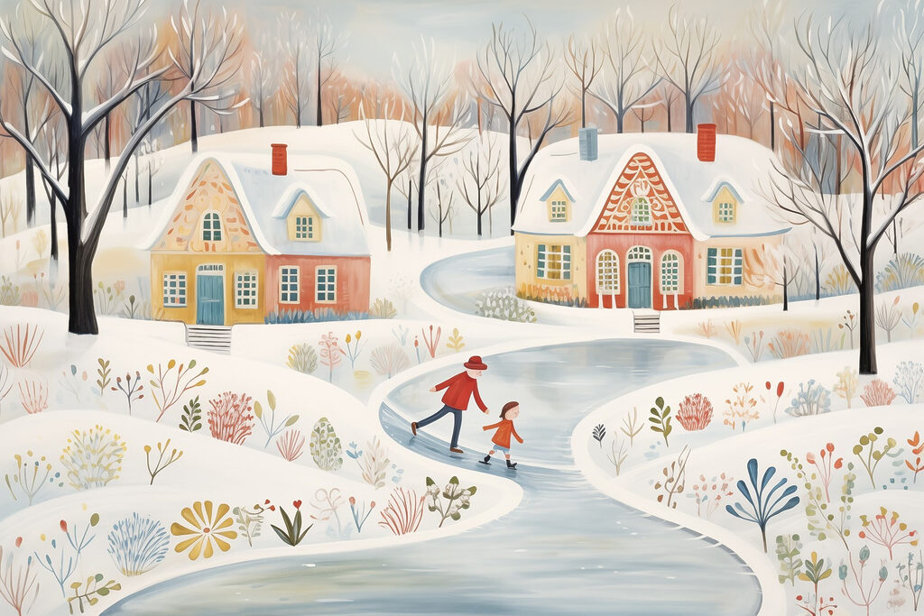 Schaatsen langs kleurige winterhuisjes — volledig ontwerp