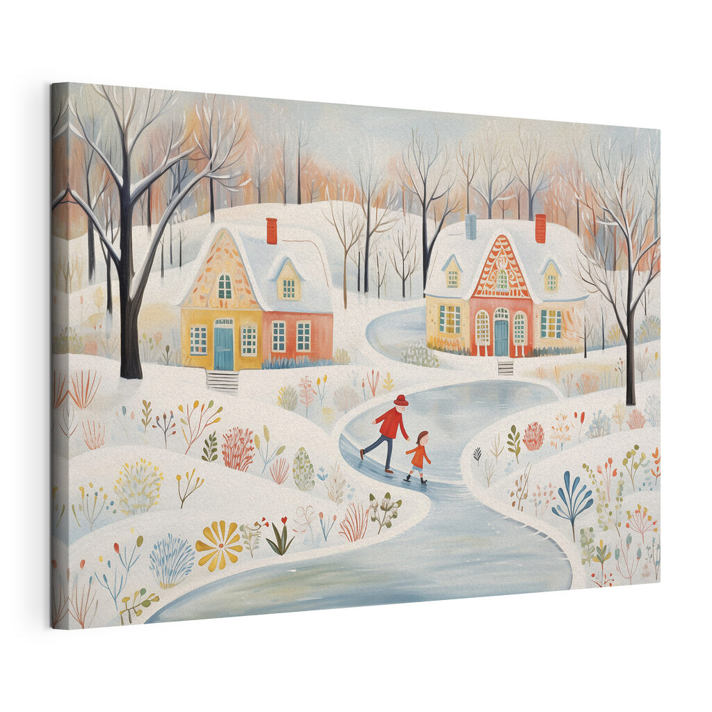 Schaatsen langs kleurige winterhuisjes, gespannen canvas met doorlopende rand