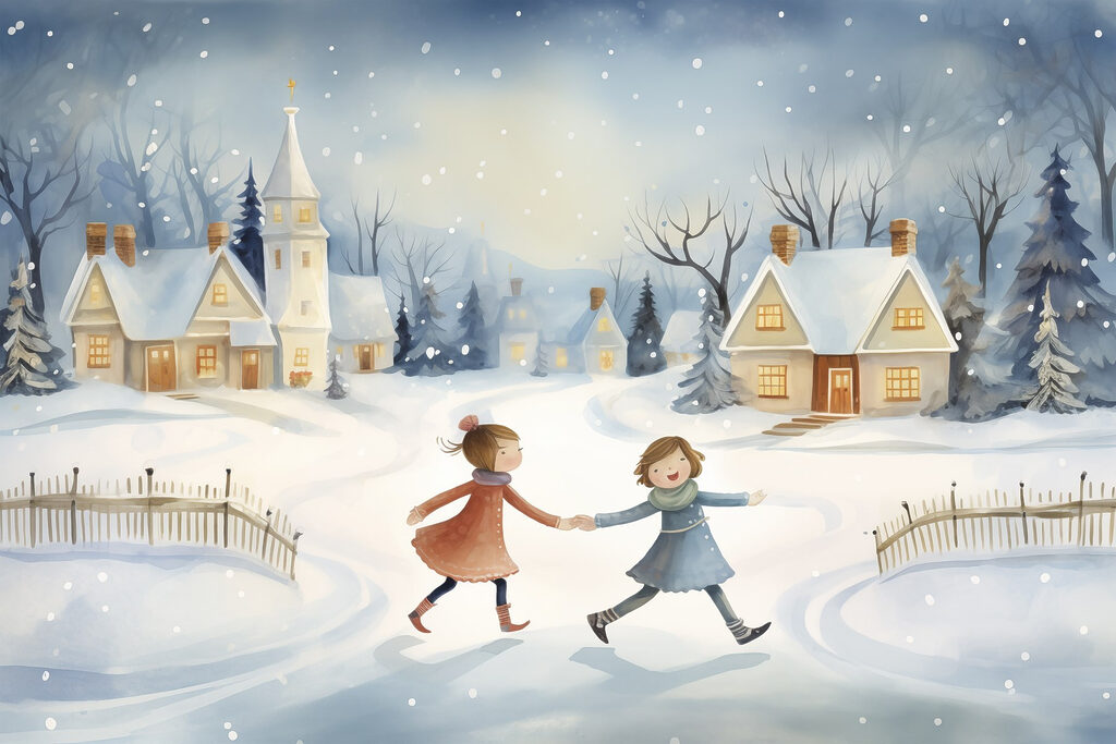 Een paar meisjes wandelen in de sneeuw — volledig ontwerp