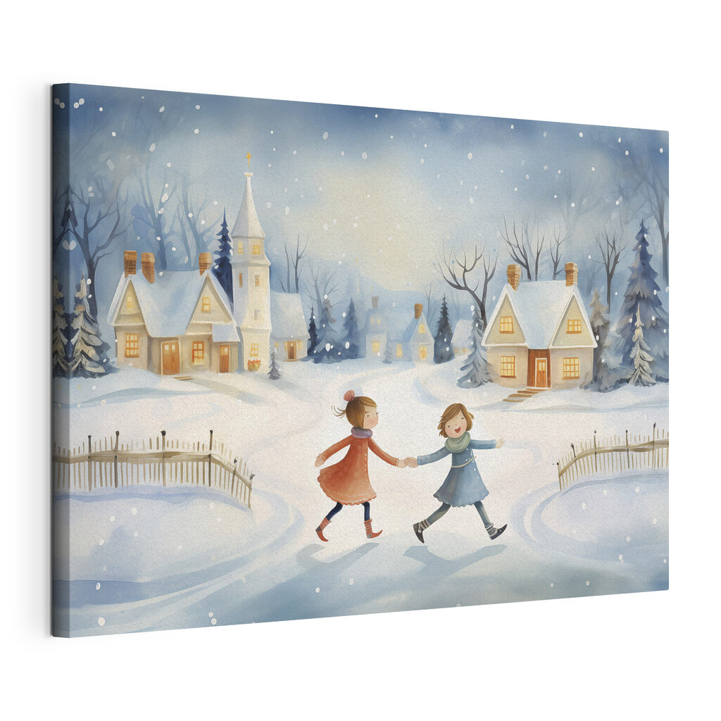 Een paar meisjes wandelen in de sneeuw, gespannen canvas met doorlopende rand