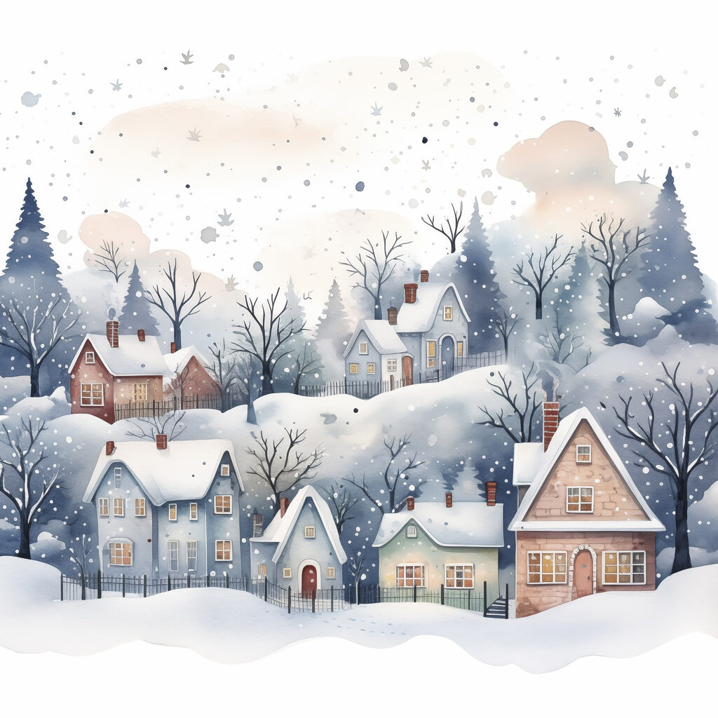 Winterhuisjes tussen blauwe boomtakken — volledig ontwerp