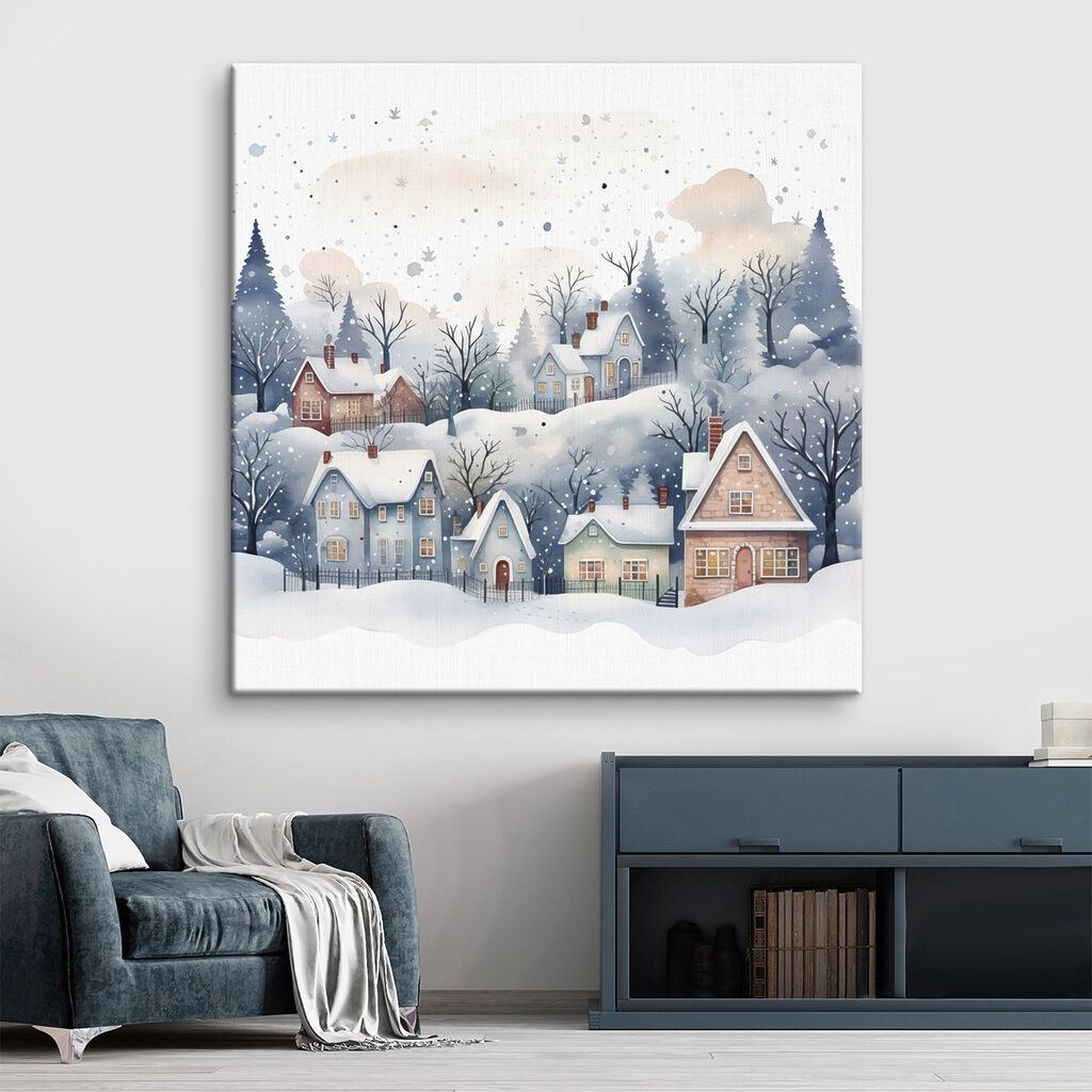 Winterhuisjes tussen blauwe boomtakken — interieur 1