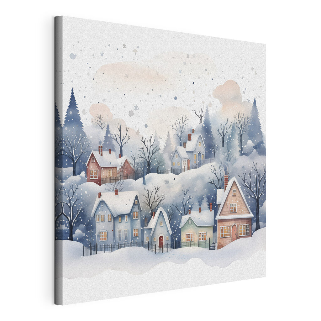 Winterhuisjes tussen blauwe boomtakken, gespannen canvas met doorlopende rand