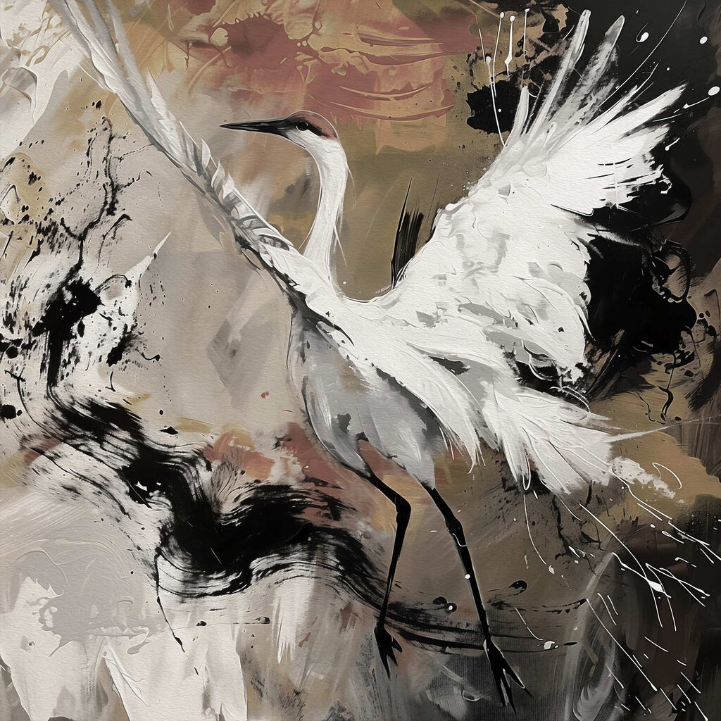 Kraanvogel tussen spattende streken — volledig ontwerp