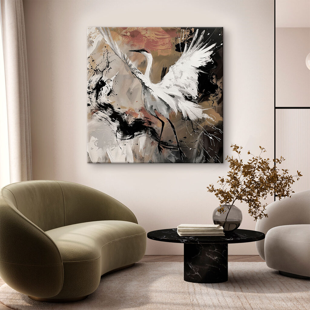 Kraanvogel tussen spattende streken — interieur 1