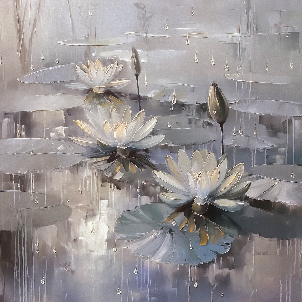 Witte waterlelies, grijze spiegelingen — volledig ontwerp