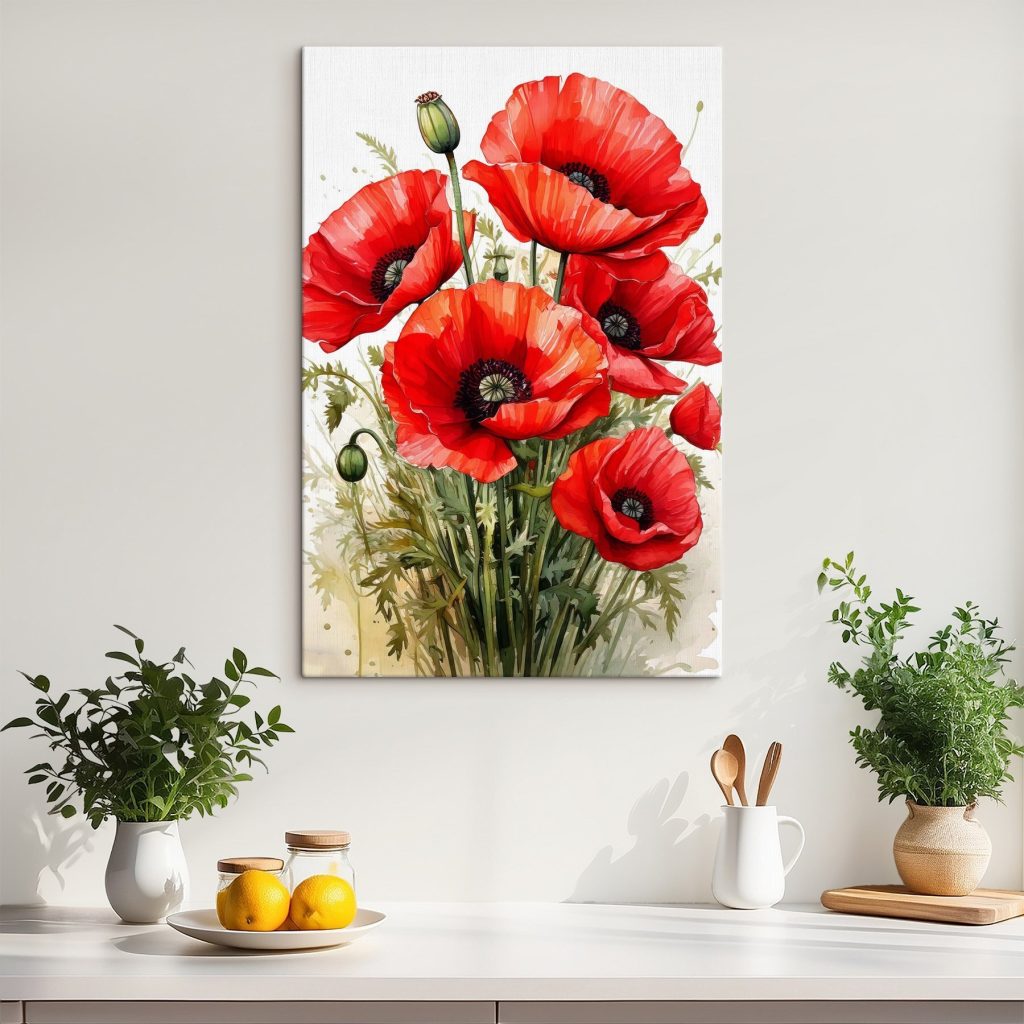 Schilderij van rode bloemen in een interieur