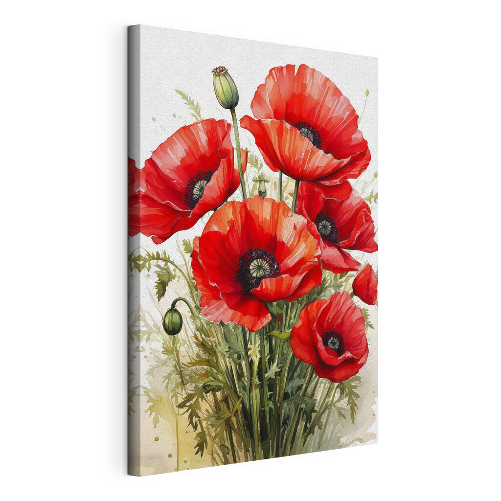 Klaprozen op lichte aquarel, gespannen canvas met doorlopende rand