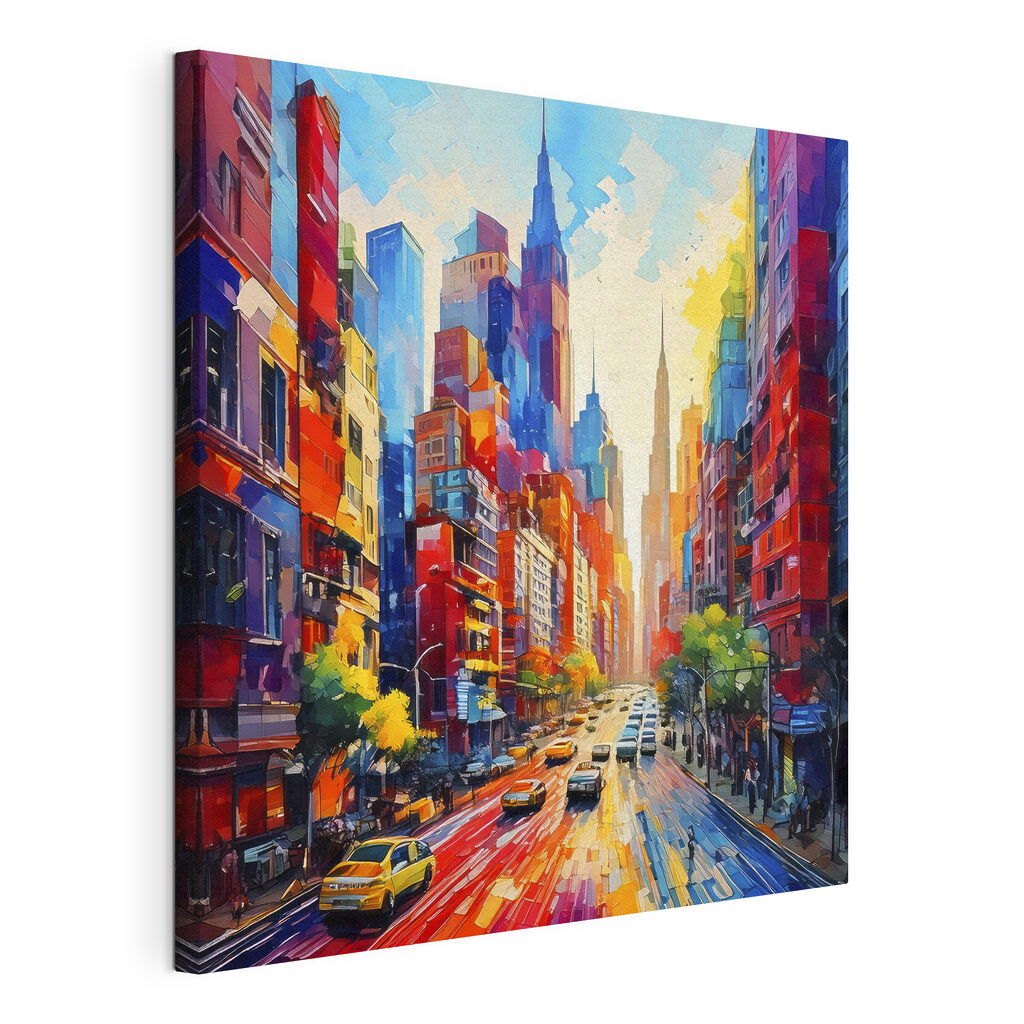 Een stadsstraat vol kleur, gespannen canvas met doorlopende rand