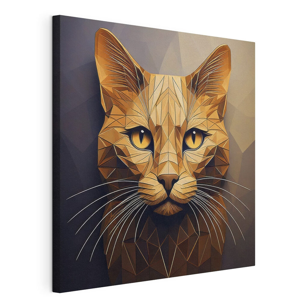 Kattenkop in gouden facetten, gespannen canvas met doorlopende rand