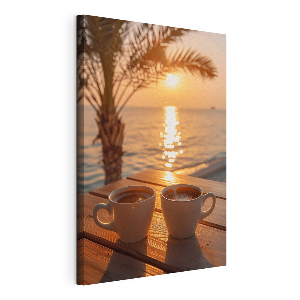 Twee koffies bij zonsondergang, gespannen canvas met doorlopende rand