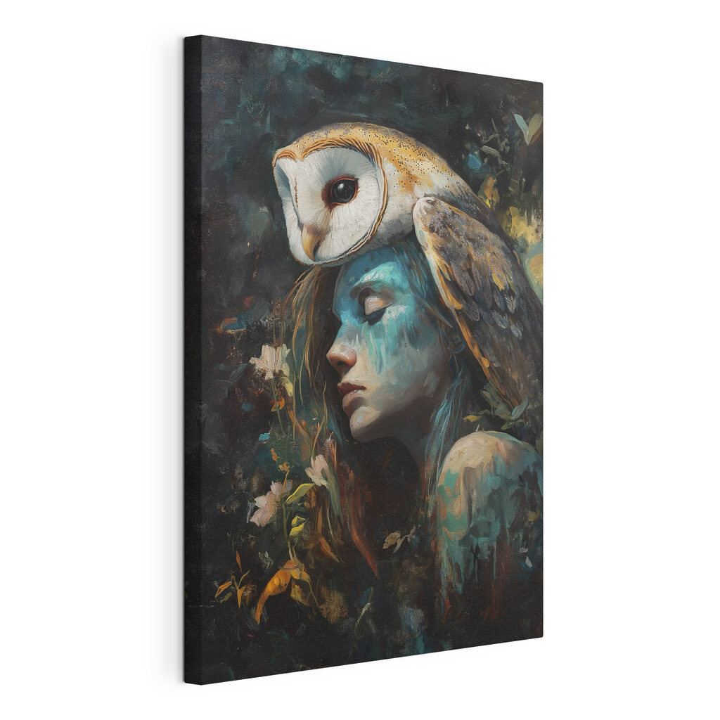 Kerkuil op haar lokken, gespannen canvas met doorlopende rand
