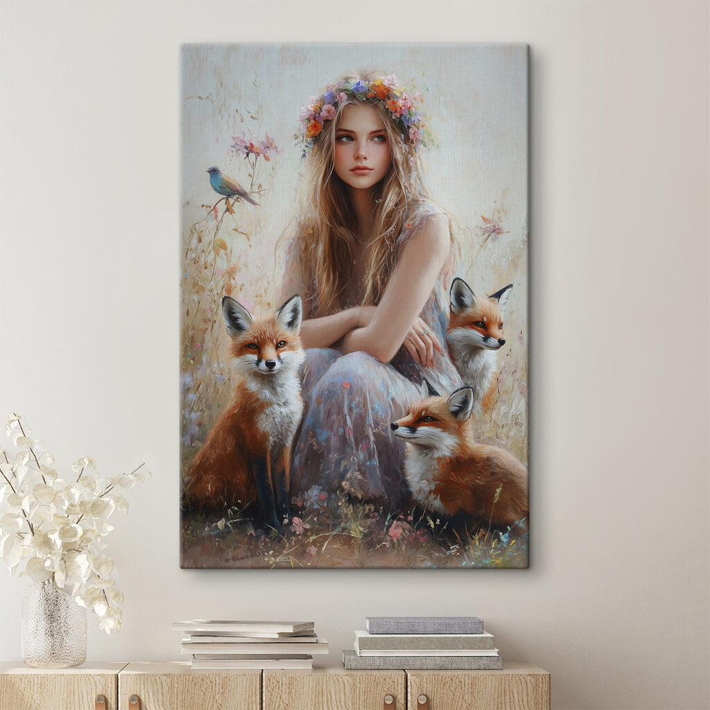 Vossenvrienden in een bloementuin in een interieur