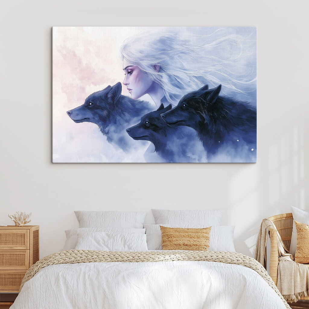 Vrouwenprofiel naast blauwe wolven — interieur 1