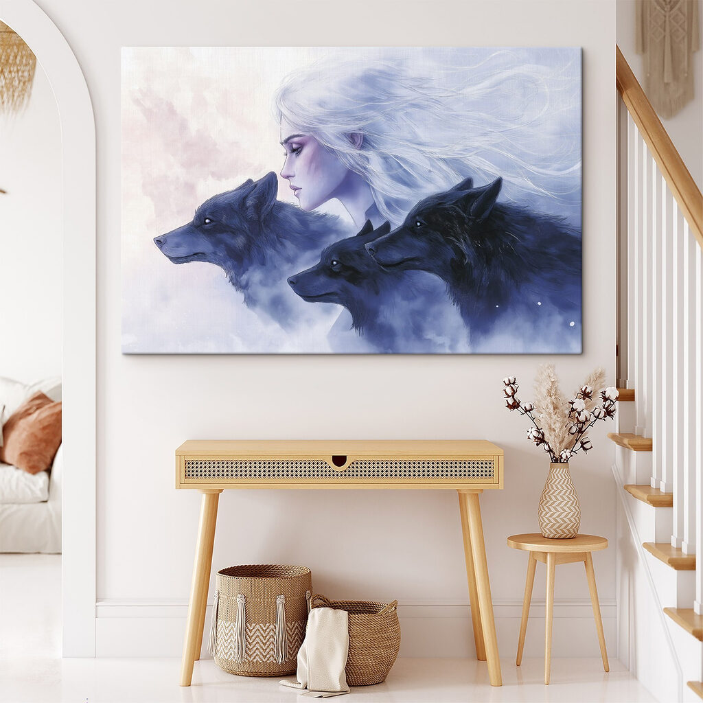 Vrouwenprofiel naast blauwe wolven — interieur 2