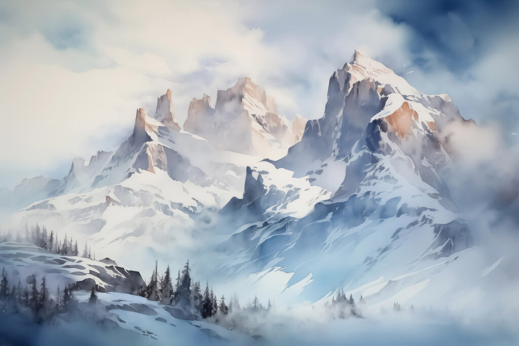 Sneeuwpieken onder bleke wolken — volledig ontwerp