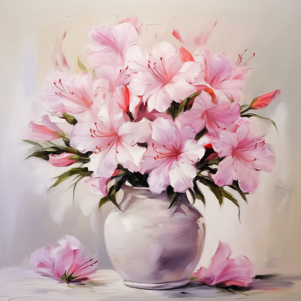 Roze bloesem in lilavaas — volledig ontwerp