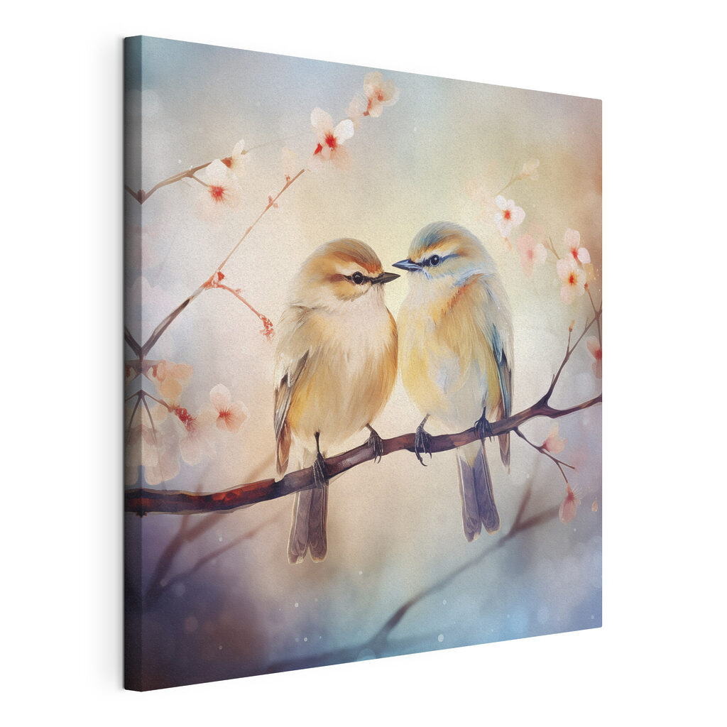 Twee vogels delen winterwarmte, gespannen canvas met doorlopende rand