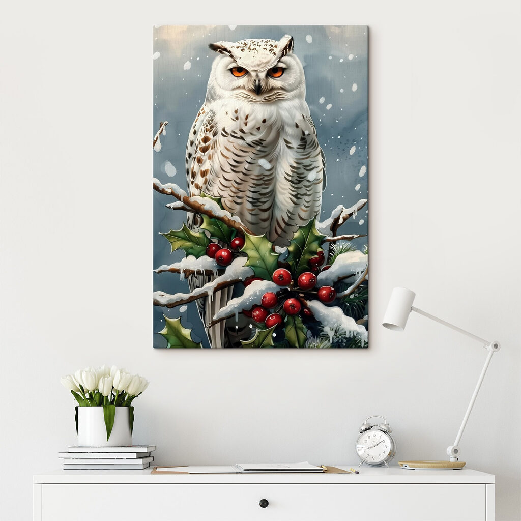 Witte uil zittend op een tak met sneeuw en bessen — interieur 2