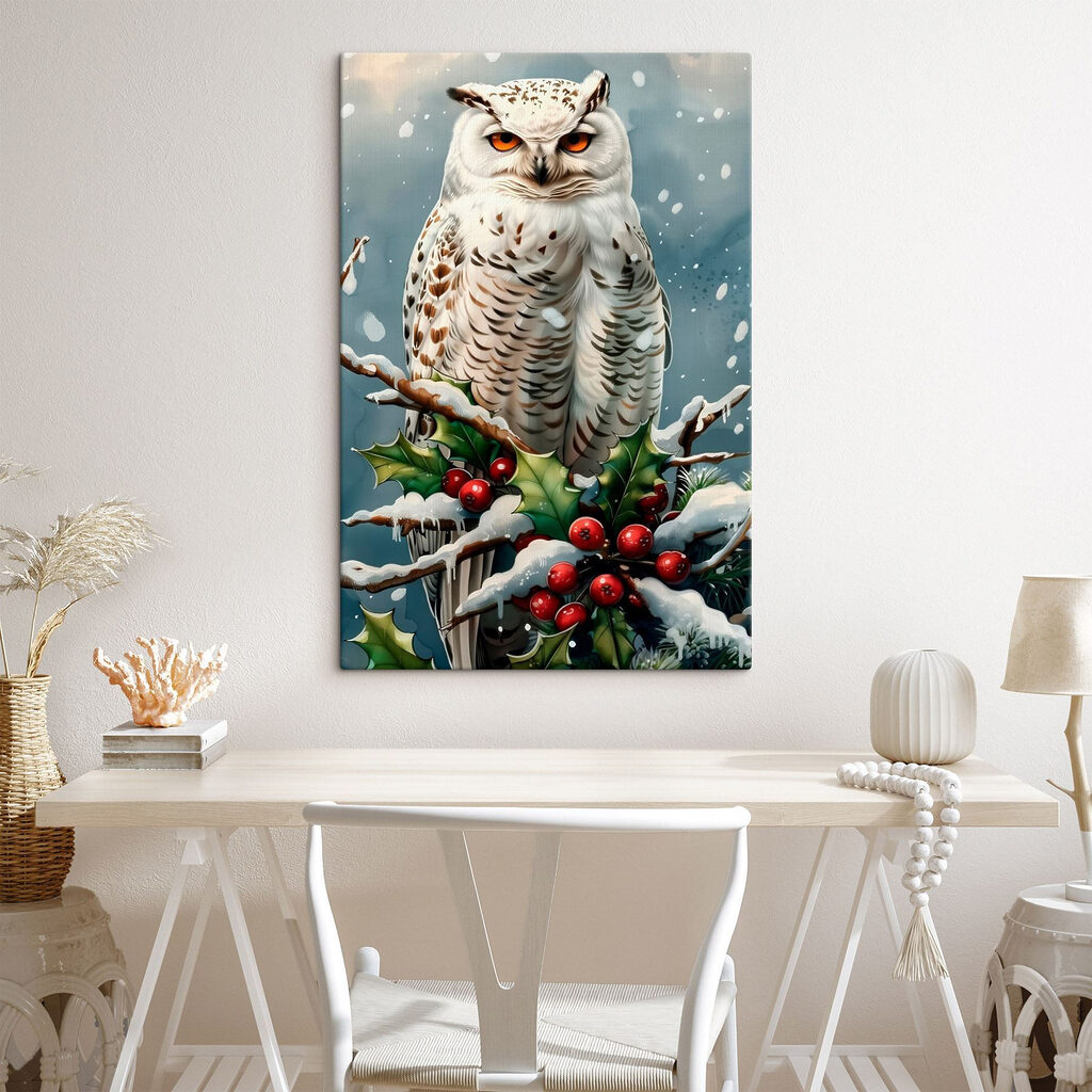 Witte uil zittend op een tak met sneeuw en bessen — interieur 1