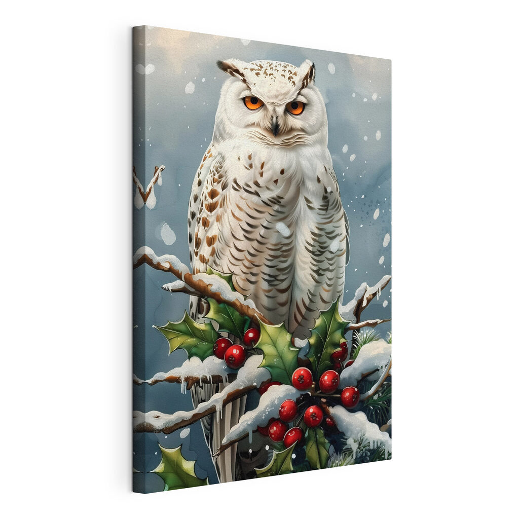 Witte uil zittend op een tak met sneeuw en bessen, gespannen canvas met doorlopende rand