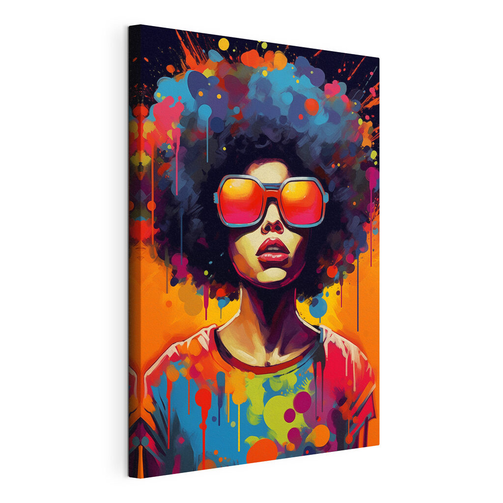 Afroportret vol felle verf, gespannen canvas met doorlopende rand