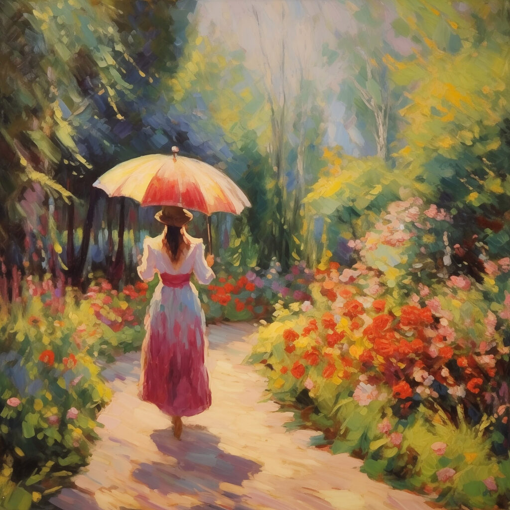 Een paraplu in zomertuin — volledig ontwerp