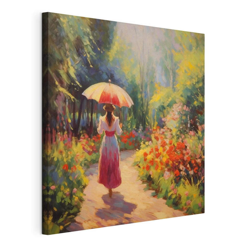 Een paraplu in zomertuin, gespannen canvas met doorlopende rand