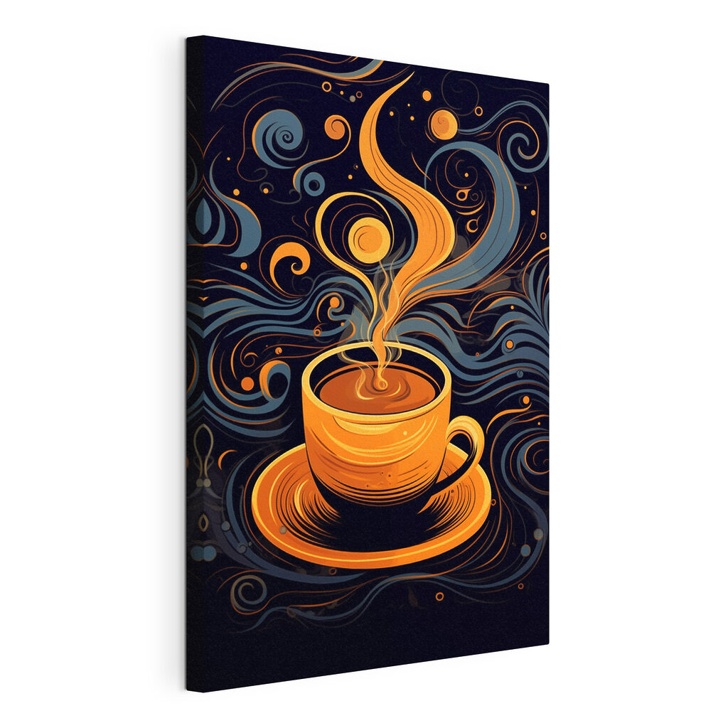 Een kopje vol koffiewervels, gespannen canvas met doorlopende rand