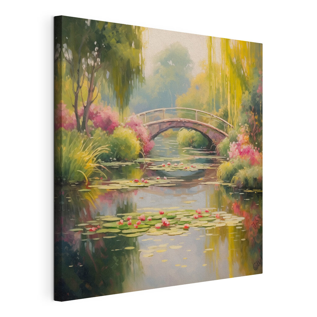 Brug over een waterlelietuin, gespannen canvas met doorlopende rand