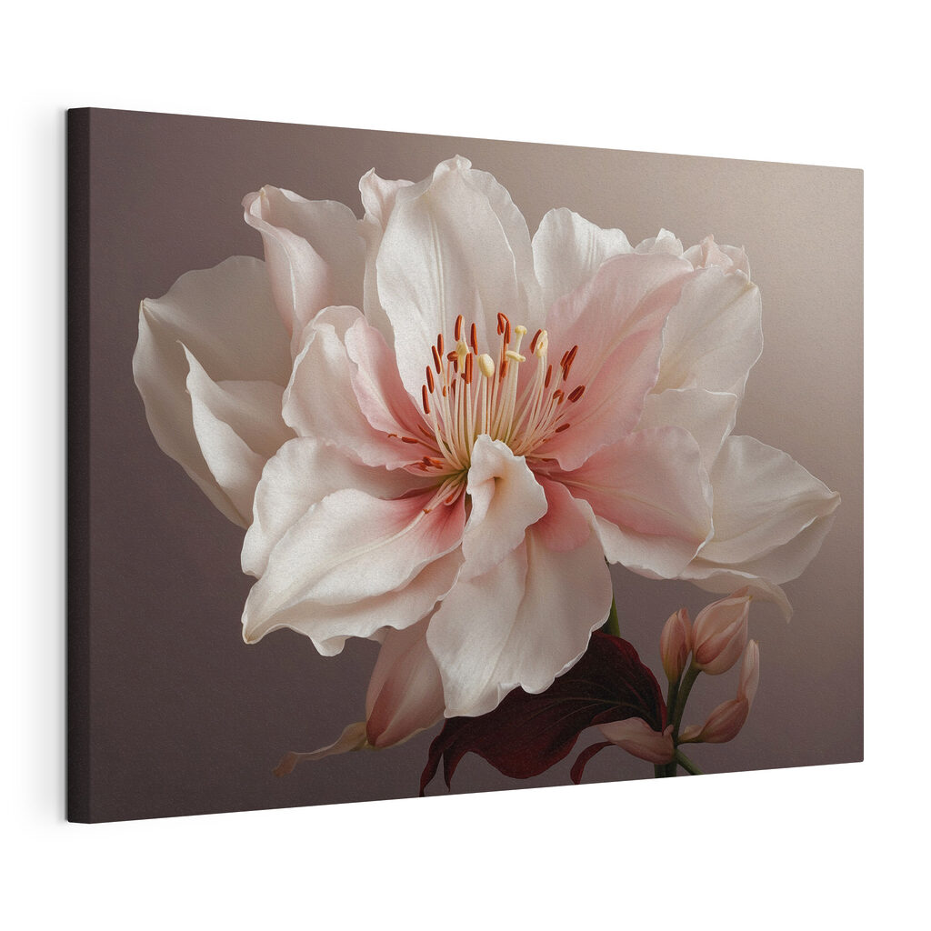Een bloem in rozewit, gespannen canvas met doorlopende rand