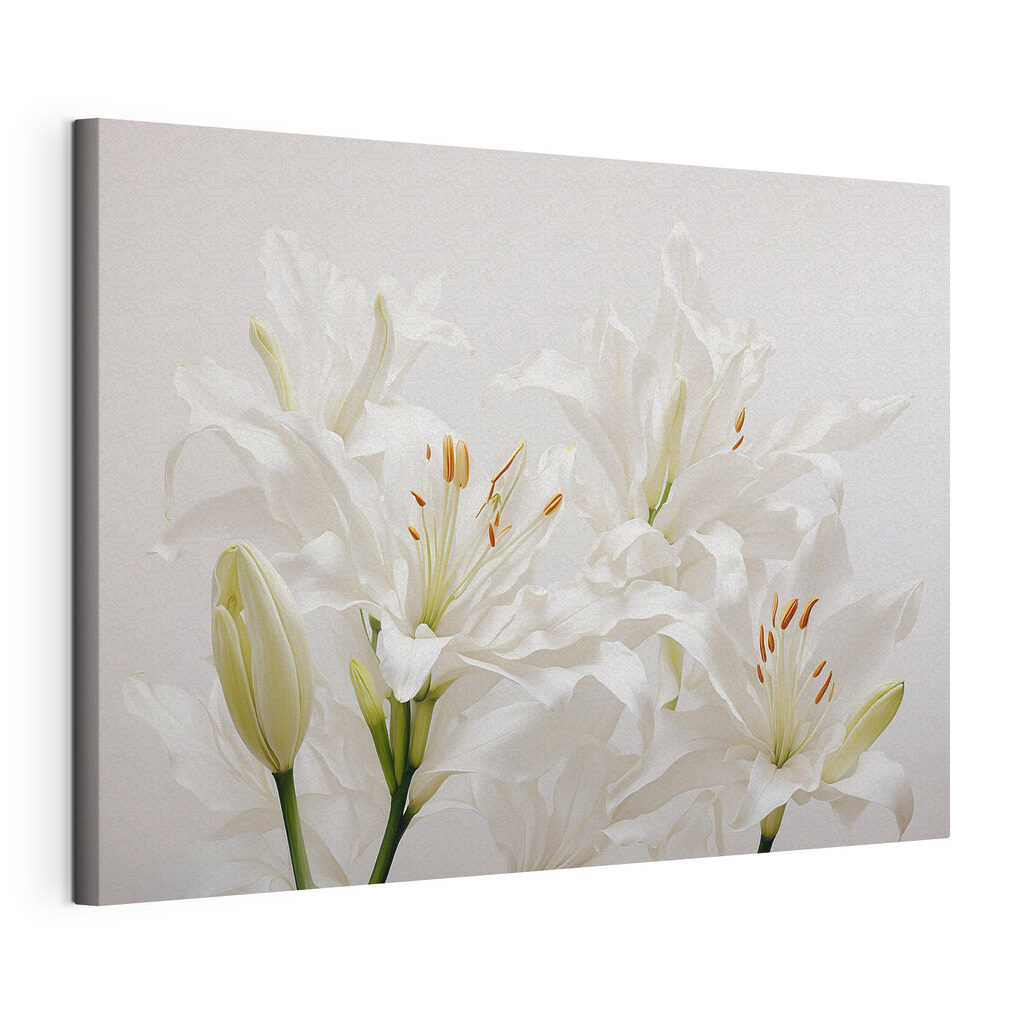 Witte lelies in rust, gespannen canvas met doorlopende rand