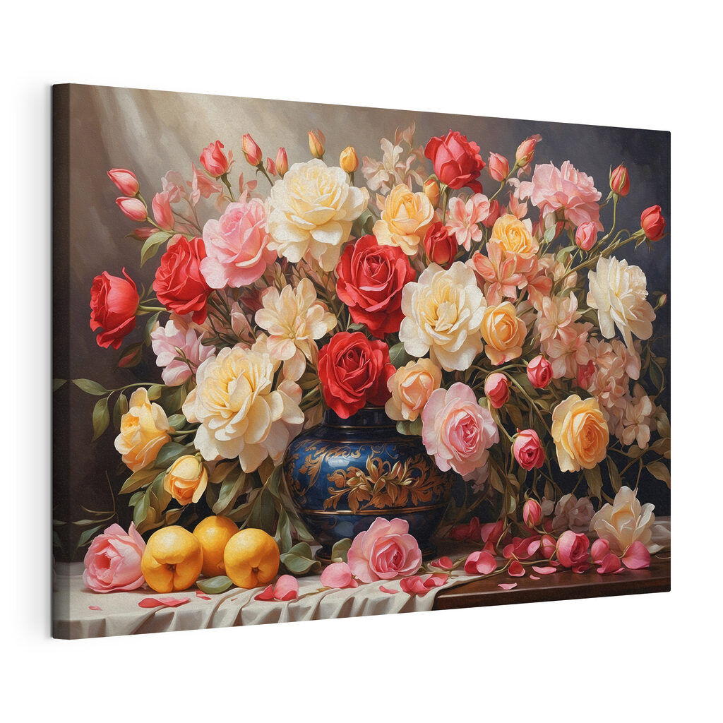 Rozen naast warme citrus, gespannen canvas met doorlopende rand