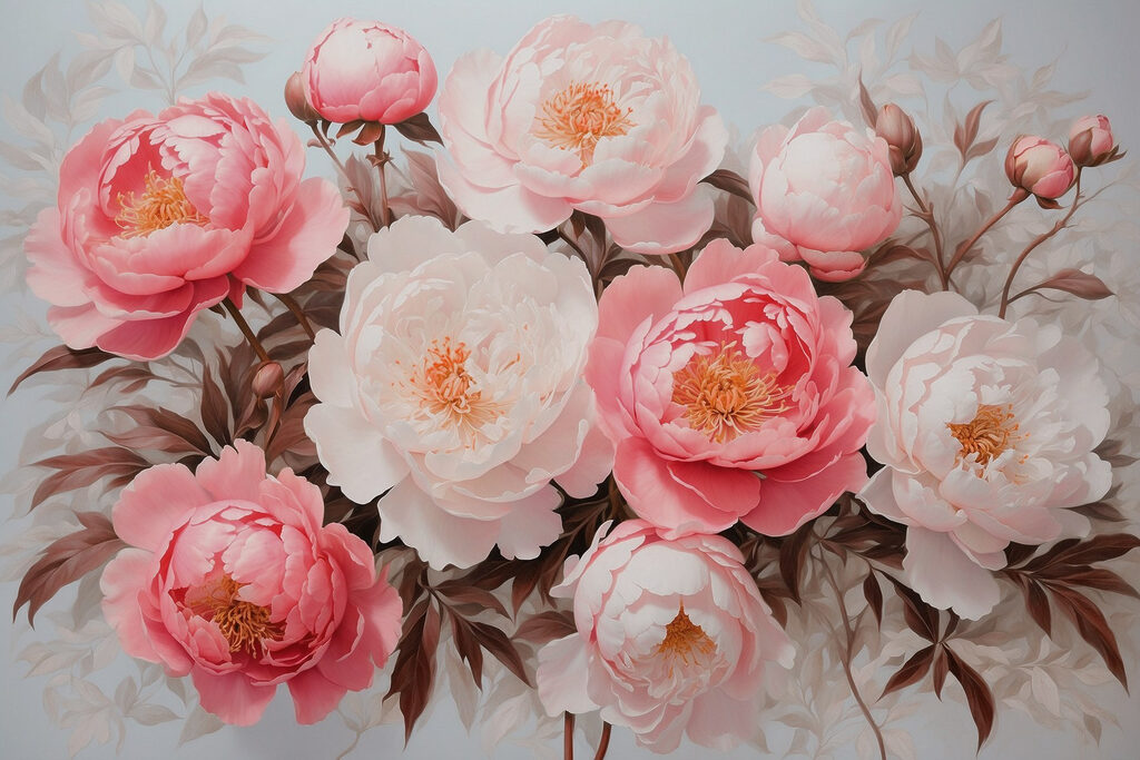 Pioenrozen in roze krans — volledig ontwerp
