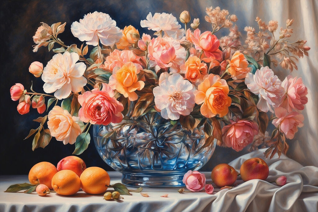 Bloemenschikking boven oranje fruit — volledig ontwerp